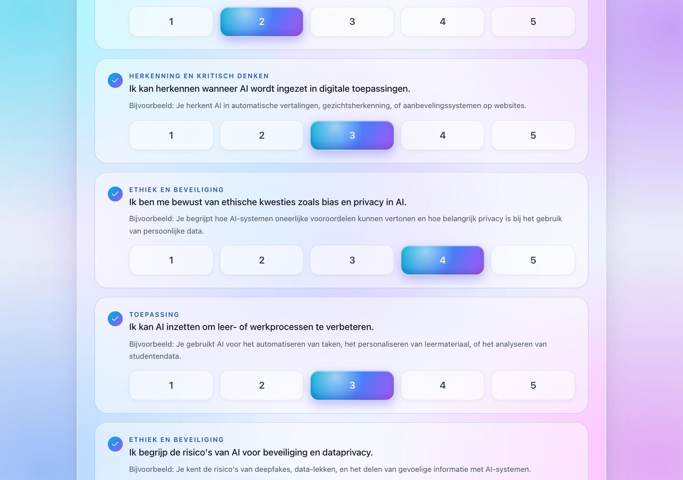 Questions of the AI Literacy Companion with rating buttons 1 to 5