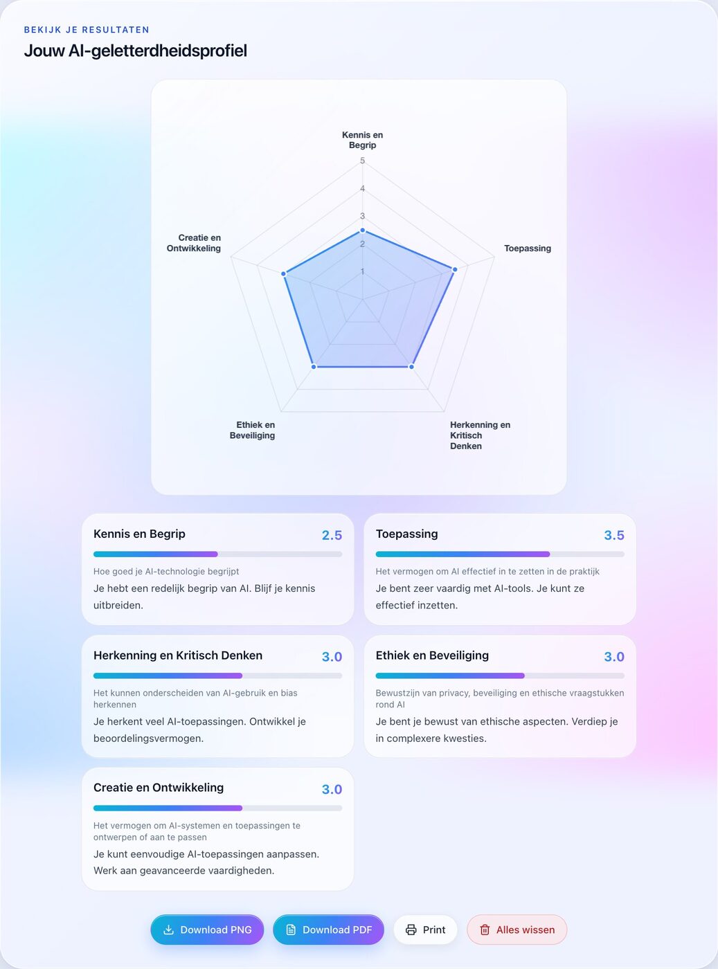 AI literacy profile with radar chart and scores per domain